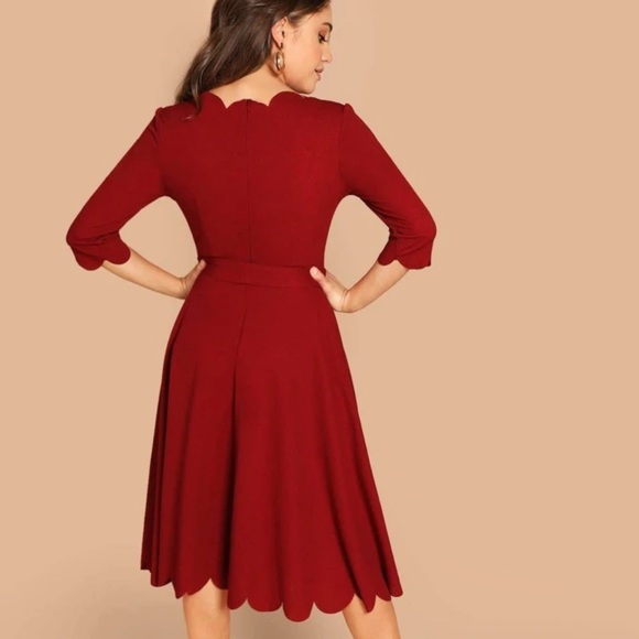 Scalloped midi dress quarter long sleeve belted - Picture 8 of 8